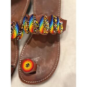 Beaded Leather Sandals, Handmade, Multicolored, Vibrant, Women’s size 41/US 10.5